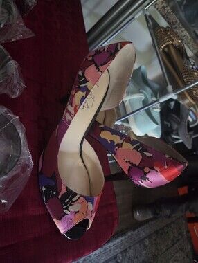 Peep Toe Floral Satin Heels - Pink Multi